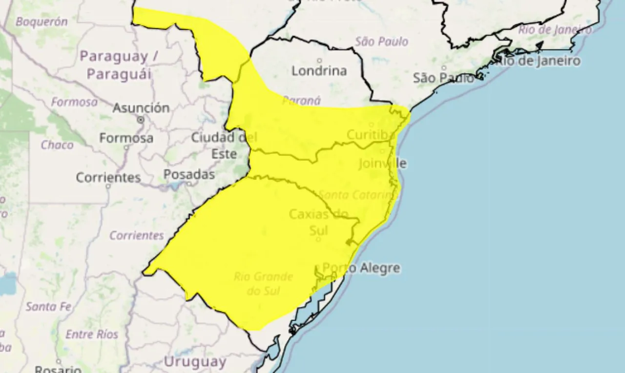 o mapa mostra as &aacute;reas em alerta para tempestade